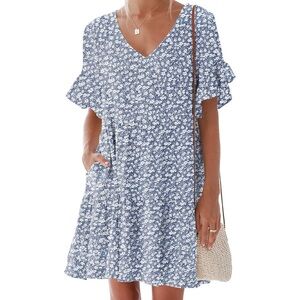 Women’s Floral Dress XXL Blue White Short Sleeve V Neck